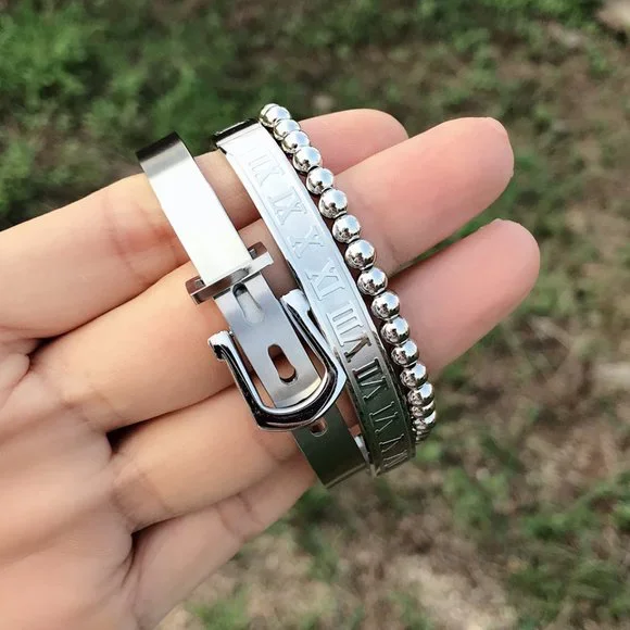 3 Piece Royal Roman Bracelets Bangles Adjustable Black Buckle - Picture 3 of 3